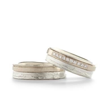 Combination wedding bands with tree bark texture