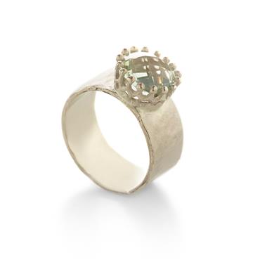 Bague large en or blanc avec couronne - Wim Meeussen Anvers